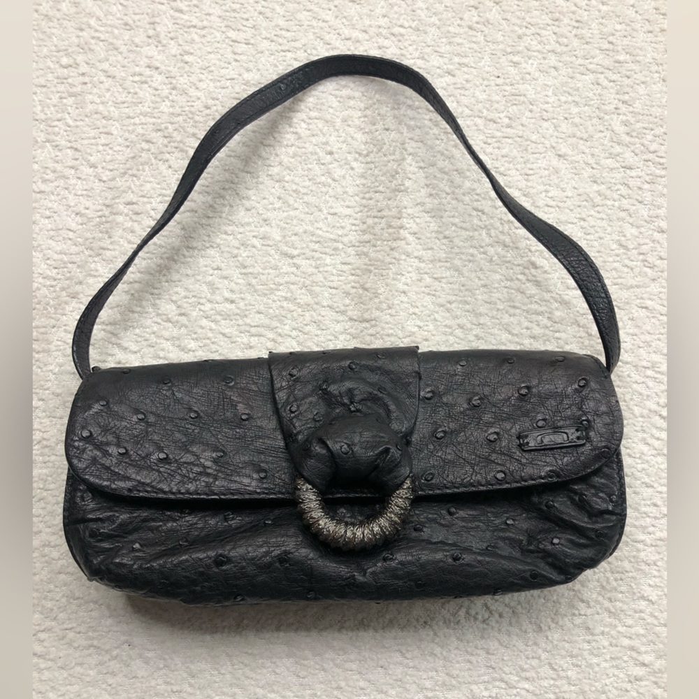 Nuti Ostrich Shoulder Bag Black 100% Genuine Ostrich Leather Made in Italy